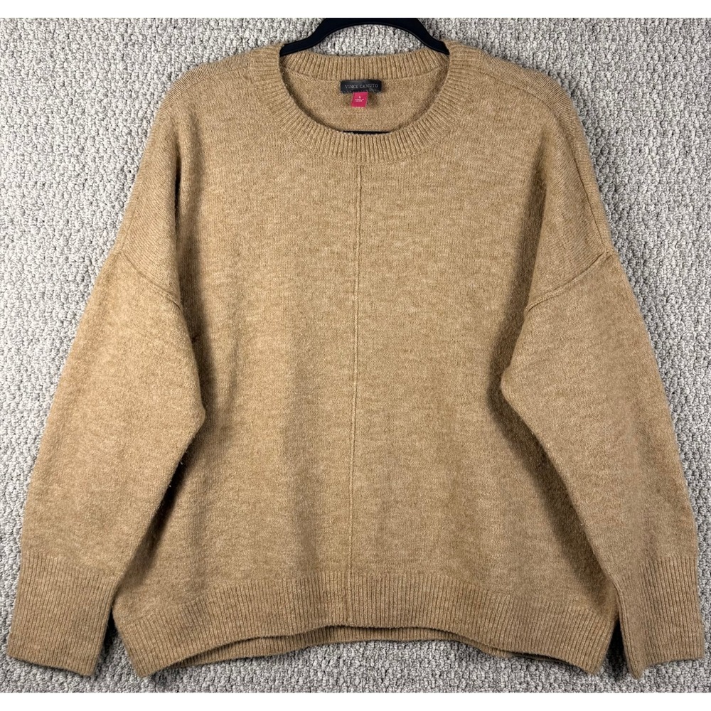 Vince Camuto Crewneck Sweater Large Tan Camel Brown Oversized Knit Pullover Soft
